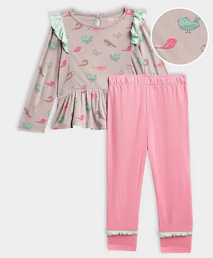 Mi Arcus Full Sleeves All Over Bird Printed Peplum Top & Leggings - Pink