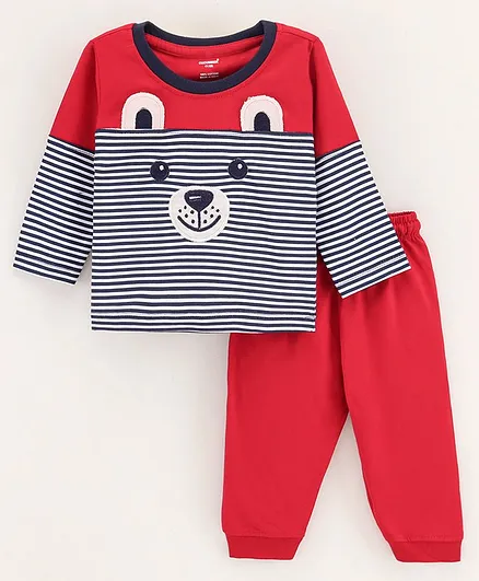 Cucumber Cotton Knit Full Sleeves Striped T-shirt and Solid Colour Lounge Pant - Navy Blue and Maroon