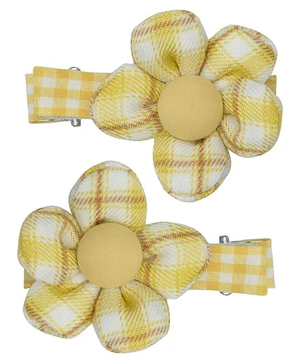 Funkrafts Set Of 2 Checked & Flower Patched Hair Clips - Yellow