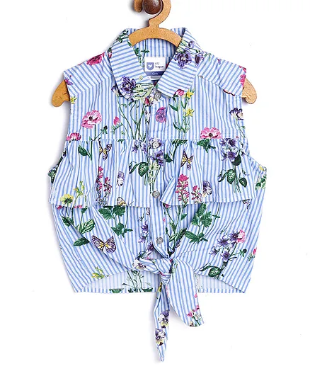 612 League Sleeveless Striped And Floral Printed Top With Front Knot Tie Up - White