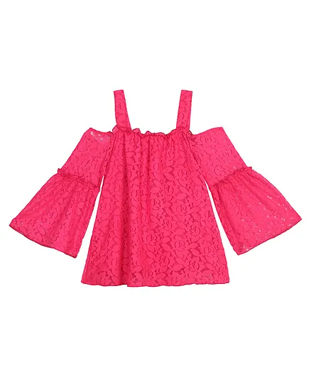 612 League Cold Shoulder Full Bell Sleeves Floral Lace Top - Dark Fuchsia Pink