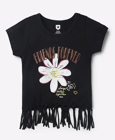 612 League Short Sleeves Daisy Print Fringe Hem Top - Black