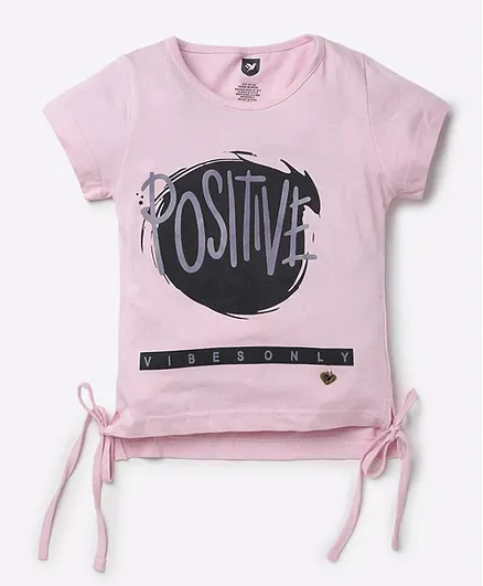 612 League Short Sleeves Positive Vibes Only Printed Surface Distressed Top - Light Pink