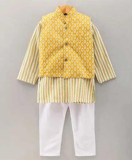 Teentaare Cotton Woven Full Sleeves Kurta & Pajama Set with Waist Coat Ethnic Print - Yellow Green