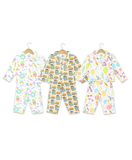 The Mom Store Full Sleeves All Over Peanut Butter & Donut Print Pack Of 3 Night Suits - Yellow Blue