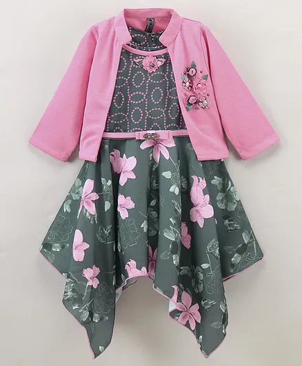 Enfance Sleeveless Hibiscus Print Asymmetrical Hem Dress With Full Sleeves Jacket - Pink