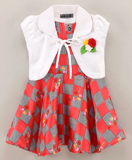 Enfance Core Cap Sleeves Floral Applique Shrug With Floral Printed & Block Checked Flared Dress - Red