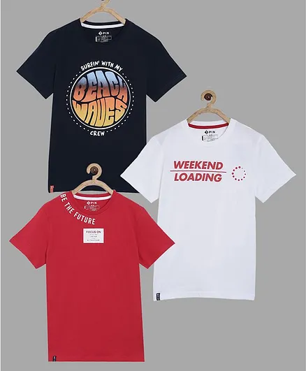 3PIN Pack Of 3 Half Sleeves Be The Future & Weekend Loading With Chest Printed Tee - Blue White & Red