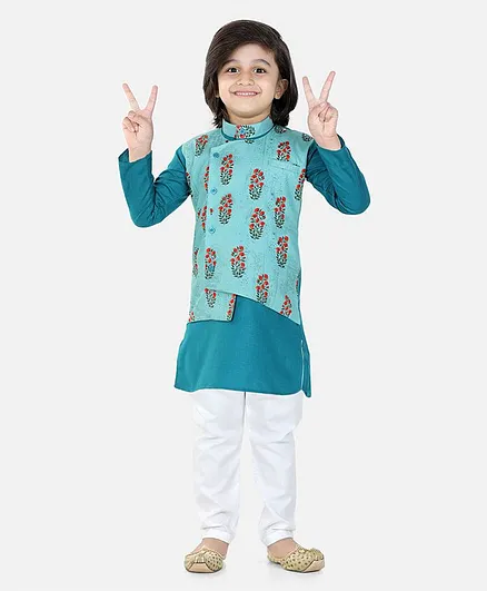 BownBee Full Sleeves Solid Kurta With Floral Print Attached Jacket And Solid Pyjama - Blue