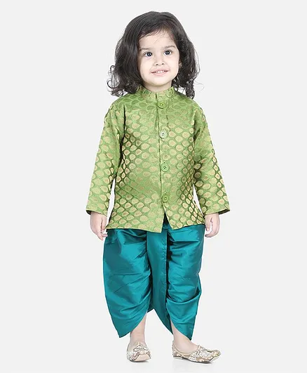 BownBee Full Sleeves Jacquard Detailed Sherwani With Dhoti - Green