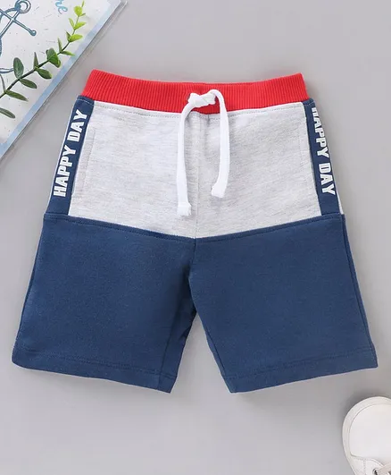 Babyhug Cotton Knit Knee Length Shorts Color Block - Red White Navy Blue