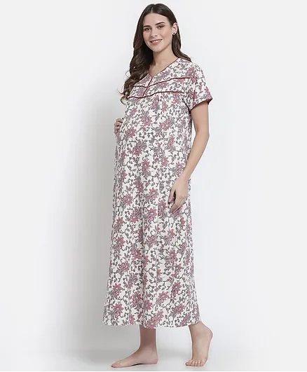 FASHIONABLY PREGNANT Half Sleeves Floral Print Maternity & Feeding Night Dress - Maroon & Off White