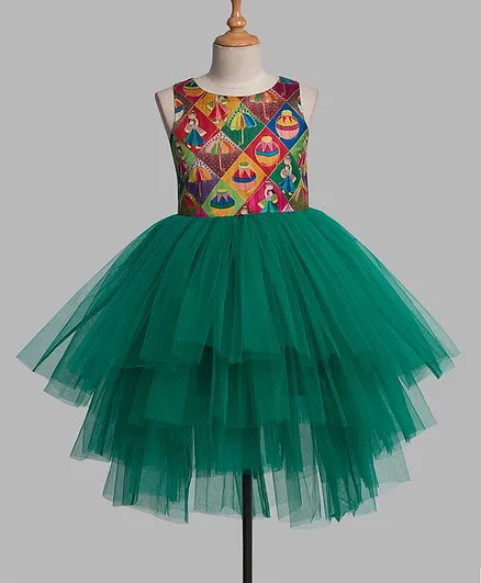 Toy Balloon Sleeveless Zari Work Bodice Detail Rural Rajasthani Print Hi Low Party Dress - Green