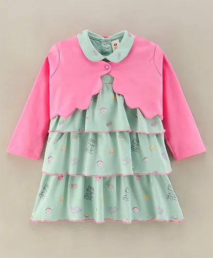 ToffyHouse Full Sleeves Solid Shrug With Layered Frock Printed- Green Pink