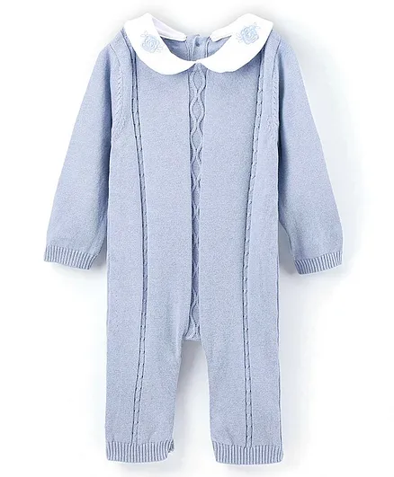 ToffyHouse Full Sleeves Winter Wear Romper Rose Embroidery - Blue