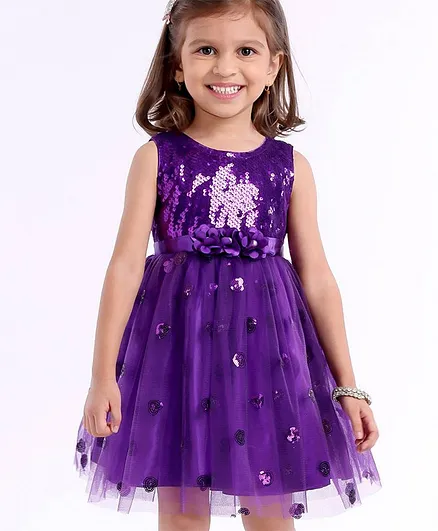 Babyhug Sleeveless Sequins Party Frock With Floral Applique - Purple