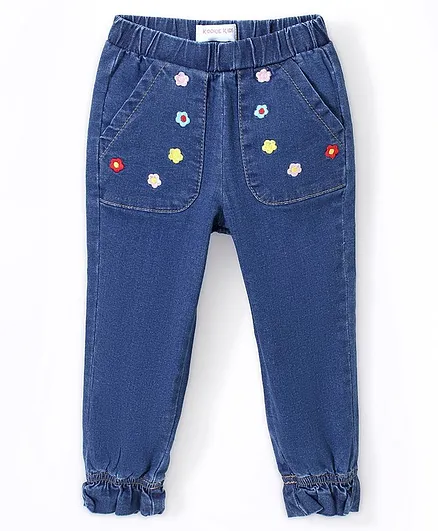 Kookie Kids Full Length Denim Jeans with Floral Embroidery - Blue