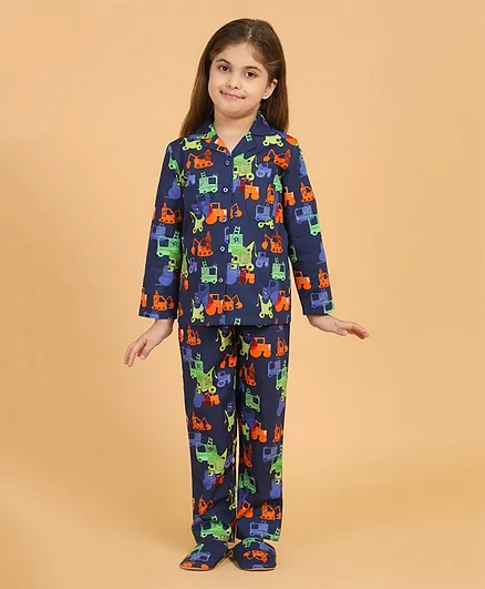 Piccolo Full Sleeves All Over Bulldozer Printed Night Suit With Slippers - Blue