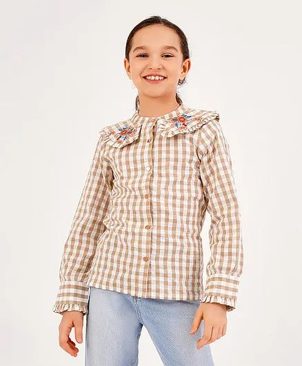Primo Gino Checked Blouse With Floral Embroidery Details On Collar- Beige