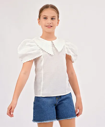 Primo Gino 100% Cotton Half Flounce Sleeves Detailed Tops Solid - Off White