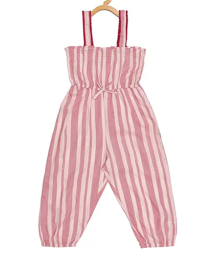 Creative Kids Sleeveless Striped Smocked Jumpsuit - Pink & White