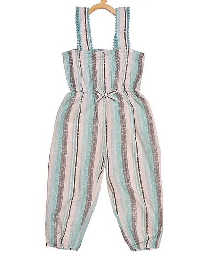Creative Kids Sleeveless Striped Smocked Jumpsuit - Sky Blue & White