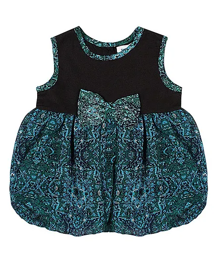 ShopperTree Sleeveless Bow Applique Floral Printed Balloon Flare Dress - Green