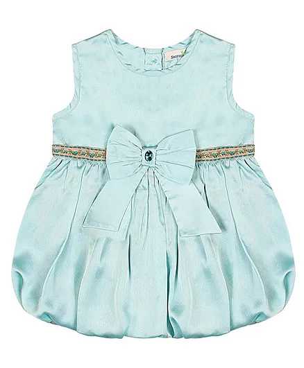ShopperTree Sleeveless Stone Embellished Bow Detail Solid Balloon Flare Party Wear Dress - Green
