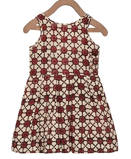 Charkhee Sleeveless Back Bow Embellished Dobby Dress - Beige Red
