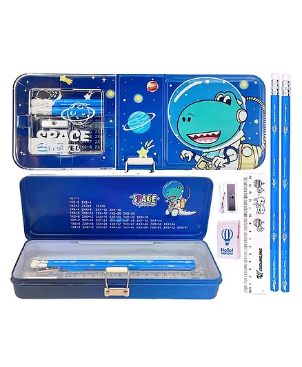 FunBlast Space Travel Design Metal Pencil Box With Stationary - Blue