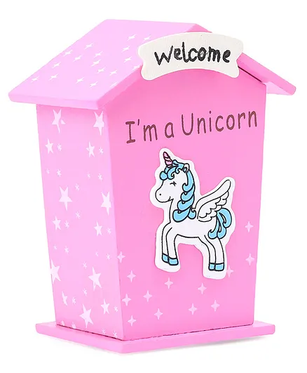 House Shaped Wooden Money Bank Unicorn Design - Pink