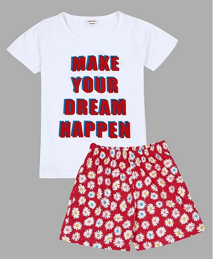 RAINE AND JAINE Half Sleeves Make Your Dream Happen & Floral Printed Night Suit - White & Red