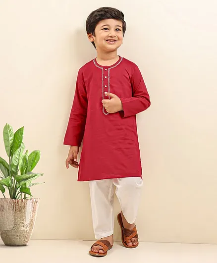 Babyhug Cotton Woven Full Sleeves Solid Kurta & Pyjama Set - Red