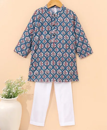 Babyhug Full Sleeve Cotton Printed Kurta Pyjama Set - Turquoise Blue