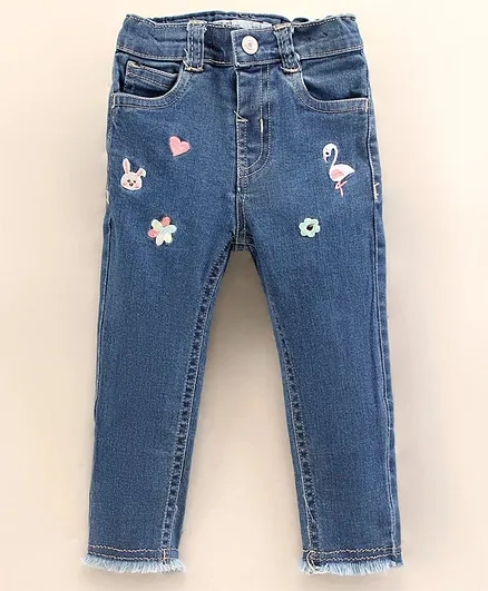 ToffyHouse Full Length Washed Denim Jeans with Animal and Floral Embroidery - Blue