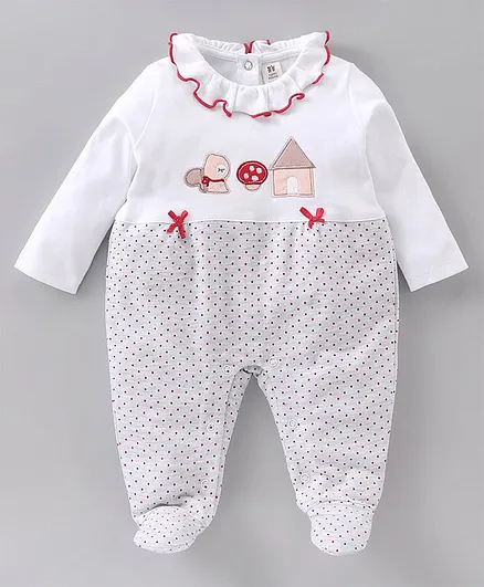 ToffyHouse Full Sleeves Printed Footed Rompers With Embroidery & Bow Applique- Grey