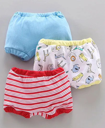 OHMS Cotton Knit Bloomers Multi Printed Pack of 3 - Blue Beige Red