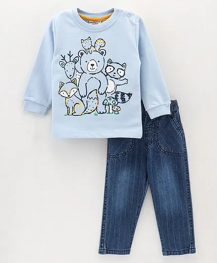 Wonderchild Full Sleeves Forest Animals Printed Tee With Full Pants - Blue
