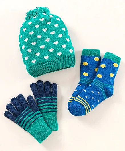 Model Woollen Cap Sock And Gloves Blue Green - Diameter 13 cm