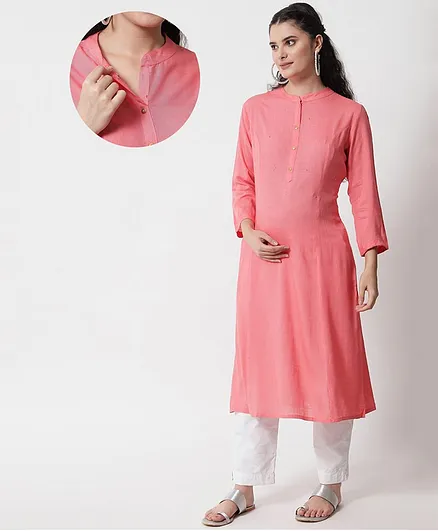 Aujjessa Three Fourth Sleeves Solid A Line Maternity Kurta With Side Pocket - Peach