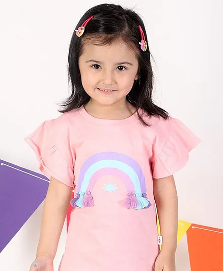 The Mom Store Half Sleeves Rainbow Placement Printed Tassle Detail Tee - Pink