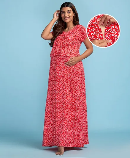 Bella Mama Short Sleeves Maternity Nursing Nighty Floral Print - Red