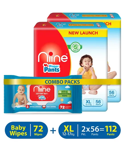 Niine Combo of Baby Diaper Pants Small S Size 4-8KG 86 Pants and Biodegradable Baby Wipes with lid 72 Wipes