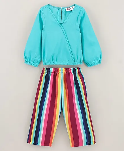 M'andy Full Balloon Sleeves Solid Angrakha Style Top With Awning Striped Pant - Blue & Multicolour