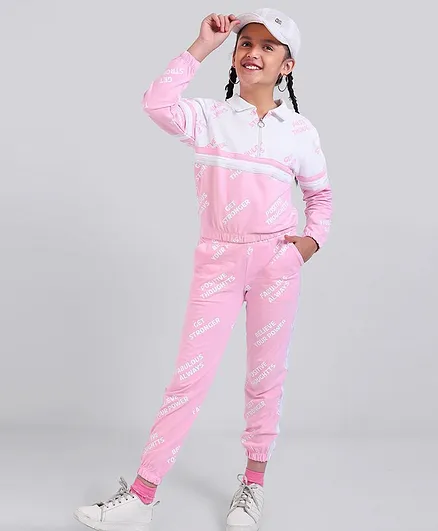 Ollington St Full Sleeves Winter Wear Sweatshirt & Joggers Set Text Print- Pink