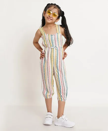 Creative Kids Sleeveless Abstract Striped Smocked Jumpsuit - Yellow Pink