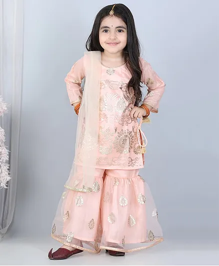 WhiteHenz Clothing Full Sleeves Floral Rubber Print Kurta With Sharara And Dupatta - Peach