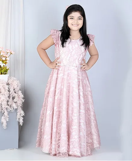 WhiteHenz Clothing Flutter Sleeves Floral Chemical Lace Party Gown - Peach
