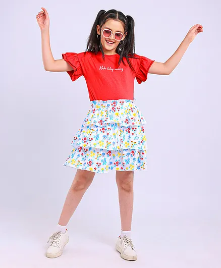 Ollington St Frill Sleeves Cotton Top & Layered Skirt Text & Floral Print- Red White