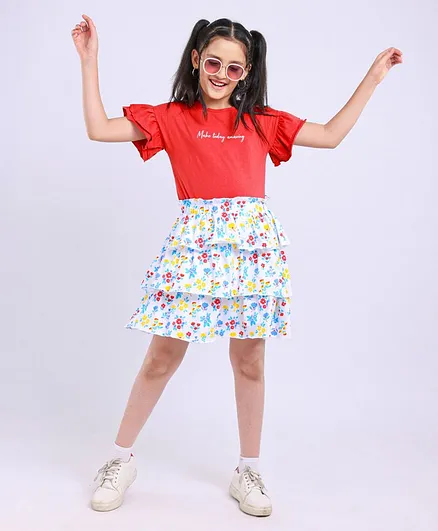 Ollington St Frill Sleeves Cotton Top & Layered Skirt Text & Floral Print- Red White